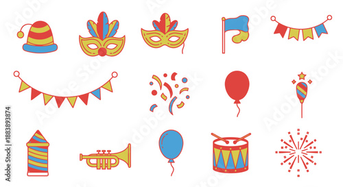 Collection of Flat Design Festive Celebration Elements Including Party Hats Masks Bunting Balloons Confetti Trumpet Drum and Fireworks For Holiday