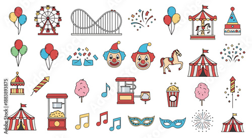Collection Of Amusement Park Icons And Symbols Featuring Carnival Rides Games Performers And Festive Elements For Entertainment Concepts