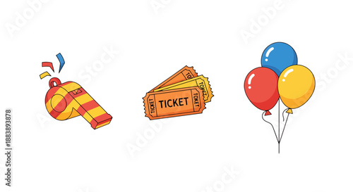 Party Symbols Whistle Tickets and Balloons For Celebration And Events