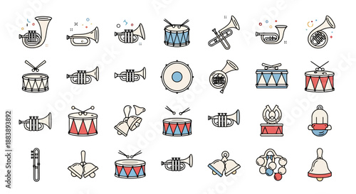 Collection of Various Musical Instruments Including Brass Wind and Percussion Elements