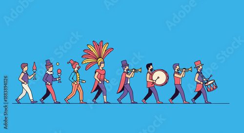 Entertaining Performers Join Festive Parade With Musical Instruments And Props On Bright Blue Background