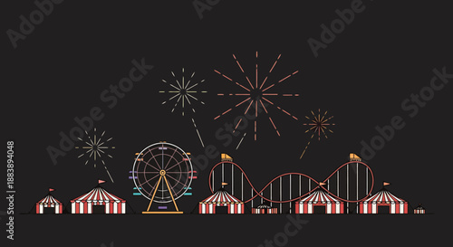 Vibrant Amusement Park Scene with Ferris Wheel Roller Coaster Tents and Fireworks Display Against Dark Background