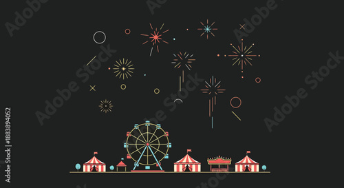 Amusement park rides and tents under a vibrant celebratory fireworks display with abstract decorative elements on a dark background