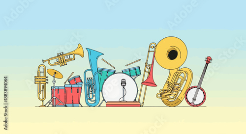 Arrangement of Brass Wind Instruments Percussion Section and String Banjo Collection For Musical Performance Ensemble Band