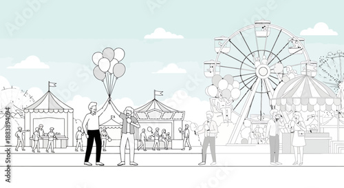 Man holding bunch of balloons at outdoor amusement park with Ferris wheel and tents on a bright day with faint clouds and people milling about