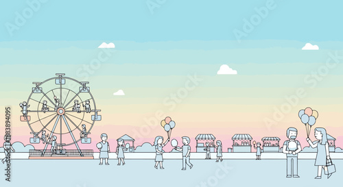 Amusement park scene with people enjoying rides and attractions against a pastel sky for leisure and vacation themes