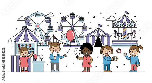 Children Enjoying A Festive Amusement Park Scene With Rides And Sweet Treats A Day Of Outdoor Fun