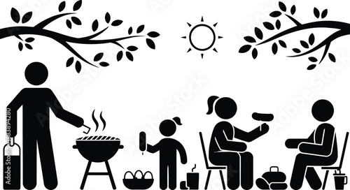 Stick figure illustration representing a family enjoying an outdoor summer barbecue and picnic