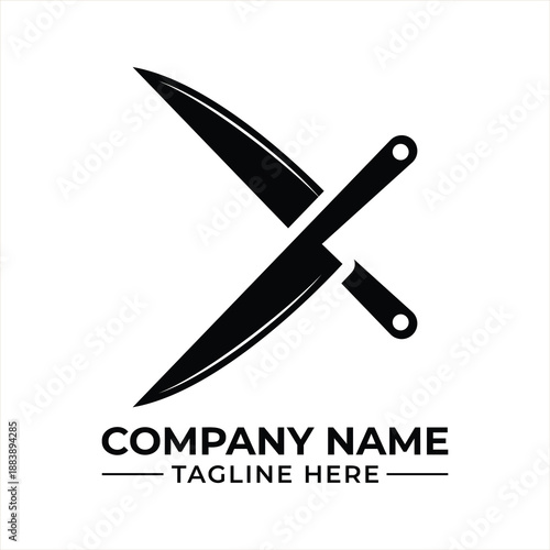 Modern and simple black and white crossed kitchen knives logo template design for culinary ventures