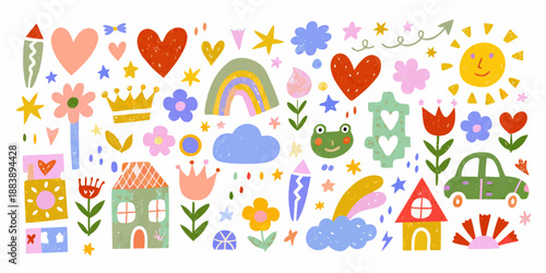 Colorful illustration featuring hearts rainbows flowers and cheerful whimsical objects