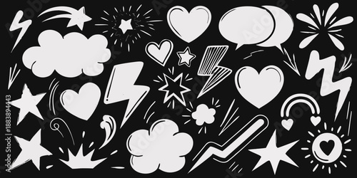 Whimsical collection of hand drawn stars hearts lightning bolts and celestial doodles