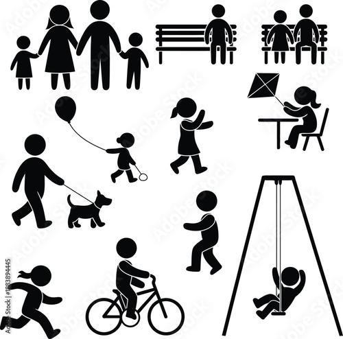 A collection of black silhouette icons depicting various family and recreational activities