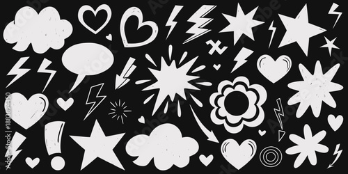 A playful collection of hand drawn doodles stars hearts lightning and more