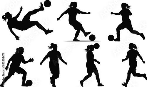 Female Soccer Players Action Silhouettes Vector Set with vector illustration