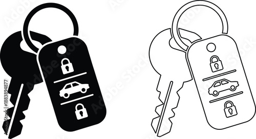 Car keys with remote fob icons for lock, unlock, and car functions
