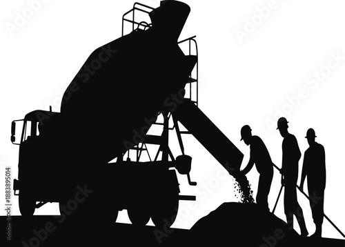 Construction workers, concrete mixer truck, pouring cement, teamwork, black silhouette, hard hats, industrial site, labor, machinery, tools