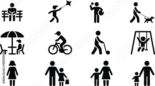 Collection of stick figure icons representing various outdoor activities and family scenes