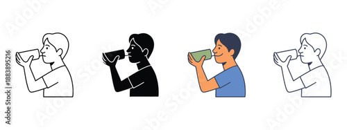 Man hydrating icon vector, representing stay hydrated set, dynamic man drinking fresh water from bottle, health and wellness, fitness routine, daily hydration, modern flat vector illustration 
