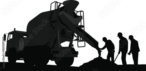 construction, concrete, mixer, truck, workers, silhouette, site, labor, machinery, teamwork, pour, black, ground, build, infrastructure,