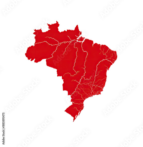 A red map outlining a South American country, with white river lines on a black background