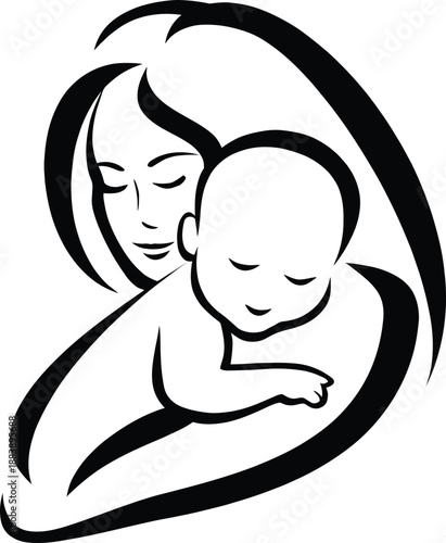 Vector illustration of a loving mother kissing her newborn baby's face as the sleeping child rests in her hand, capturing a heart-filled moment of family care and maternal art