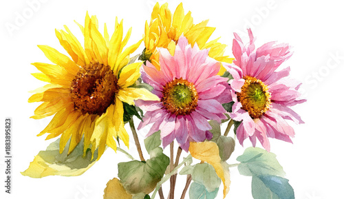 Watercolor bouquet of vibrant sunflowers and pink flowers on a transparent background