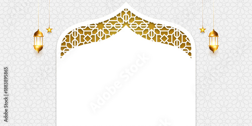 Ramadan Kareem Islamic background white banner. Eid Mubarak luxury template design with creative arch