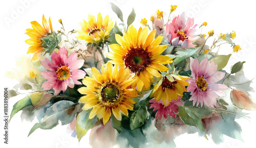 Watercolor painting of sunflowers and other colorful flowers arranged together with green foliage