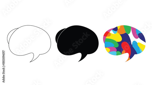 Set of three speech bubbles outline, solid black, and colorful abstract pattern