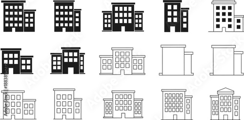 Modern Building Icons Set, Vector Illustration of Various Architectural Structures and Offices