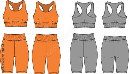 Women activewear sports bra and biker shorts fashion flats, workout fitness set technical vector illustration, front back apparel design collection