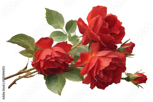 A cluster of vibrant red roses, stems, and leaves artfully arranged, set against a black backdrop