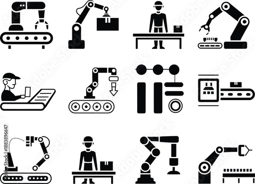 A collection of industrial automation and robotics icons depicting modern manufacturing processes and smart factory concepts