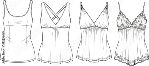 Women camisole nightwear fashion flats, lace slip dress collection, lingerie sleepwear technical vector illustration, female apparel design set
