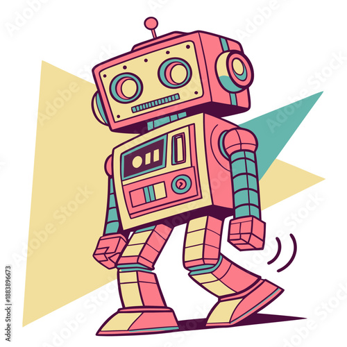 Funky cartoon robot with retro colors and cassette player body dancing on geometric background