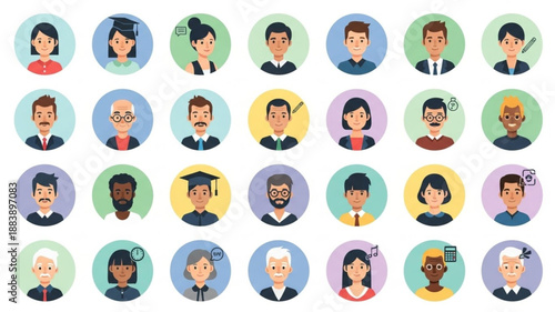 Collection of diverse cartoon avatar portraits in circles.