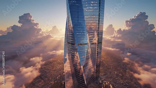 Stunning skyscraper piercing the clouds at sunrise, a breathtaking view.