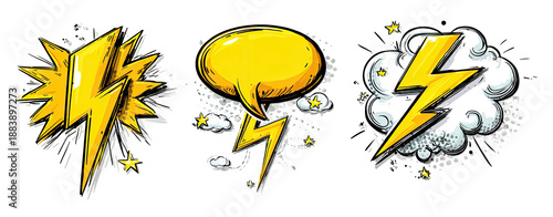 Collection of stylized lightning bolts and speech bubbles with comic-book aesthetic on a black backdrop