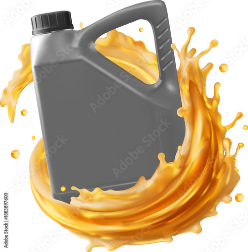 Gray plastic engine oil canister surrounded dynamic swirling golden oil splash background lubricant product advertisement automotive industry promotion High quality