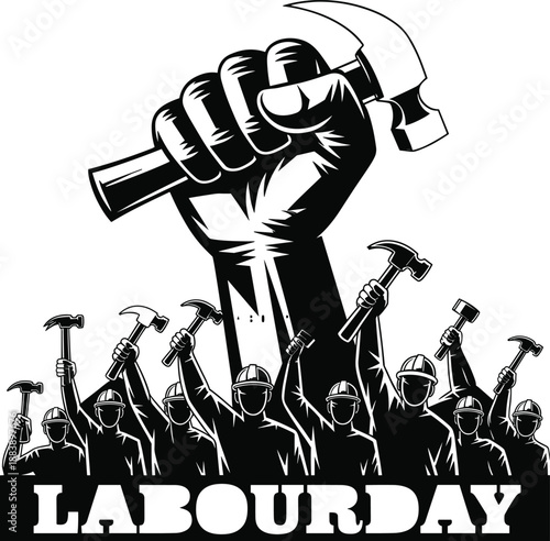 labour, workers, fist, hammer, unity, strength, protest, celebration, construction, solidarity, day, art, black, white, illustration,