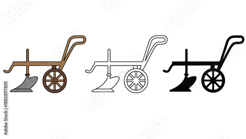 Three different colored plow illustrations on a white background