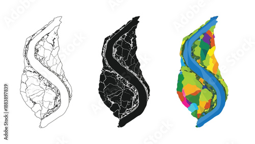 Three styles of abstract shaped river map illustration wireframe, solid black, and colorful landmass representation