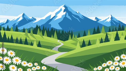 Beautiful Mountain Landscape Vector Illustration with a Winding Path Through Green Fields and Daisies