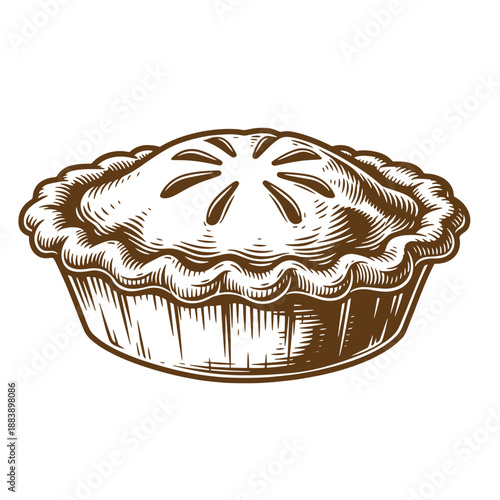 Drawing Vintage grunge  texture A brown line drawing of a pie in a tin dish with a crimped crust and cut slits in the top  isolated on white background