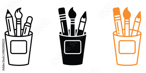 Pen holder icon vector illustration, essential art supplies symbol for stationery, desk organization, creative workspace, drawing tools, modern flat vector design