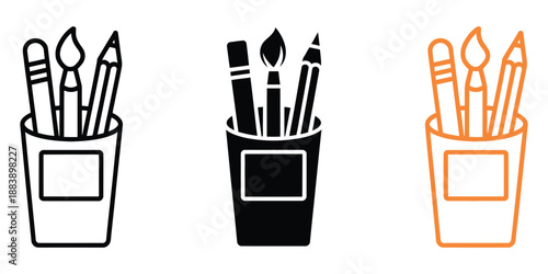 Pen holder icon vector, representing essential art supplies, organized workspace, stationery tools, drawing and painting essentials, creative desk setup