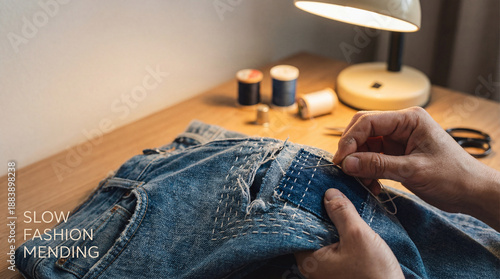 Slow fashion mending with sustainability focus shows hands repairing denim jeans by hand stitching on wooden table with sewing tools and lamp light