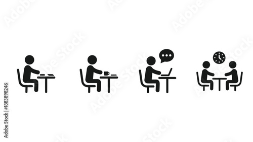 A series of simple icons depicting people sitting at tables and interacting