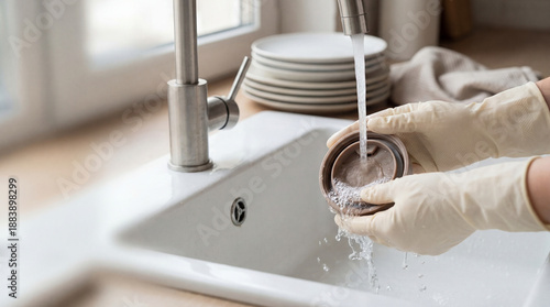 Washing dish with water in kitchen sink wearing gloves promotes sustainability and cleanliness in daily household chores