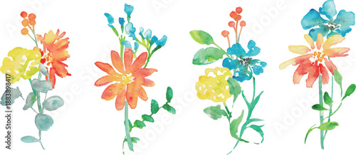 水彩画。水彩タッチのベクター植物イラスト。カラフルな花の水彩背景。春の植物。
Watercolor painting. Vector botanical illustration with watercolor touches. Colorful floral watercolor background. Spring plants.